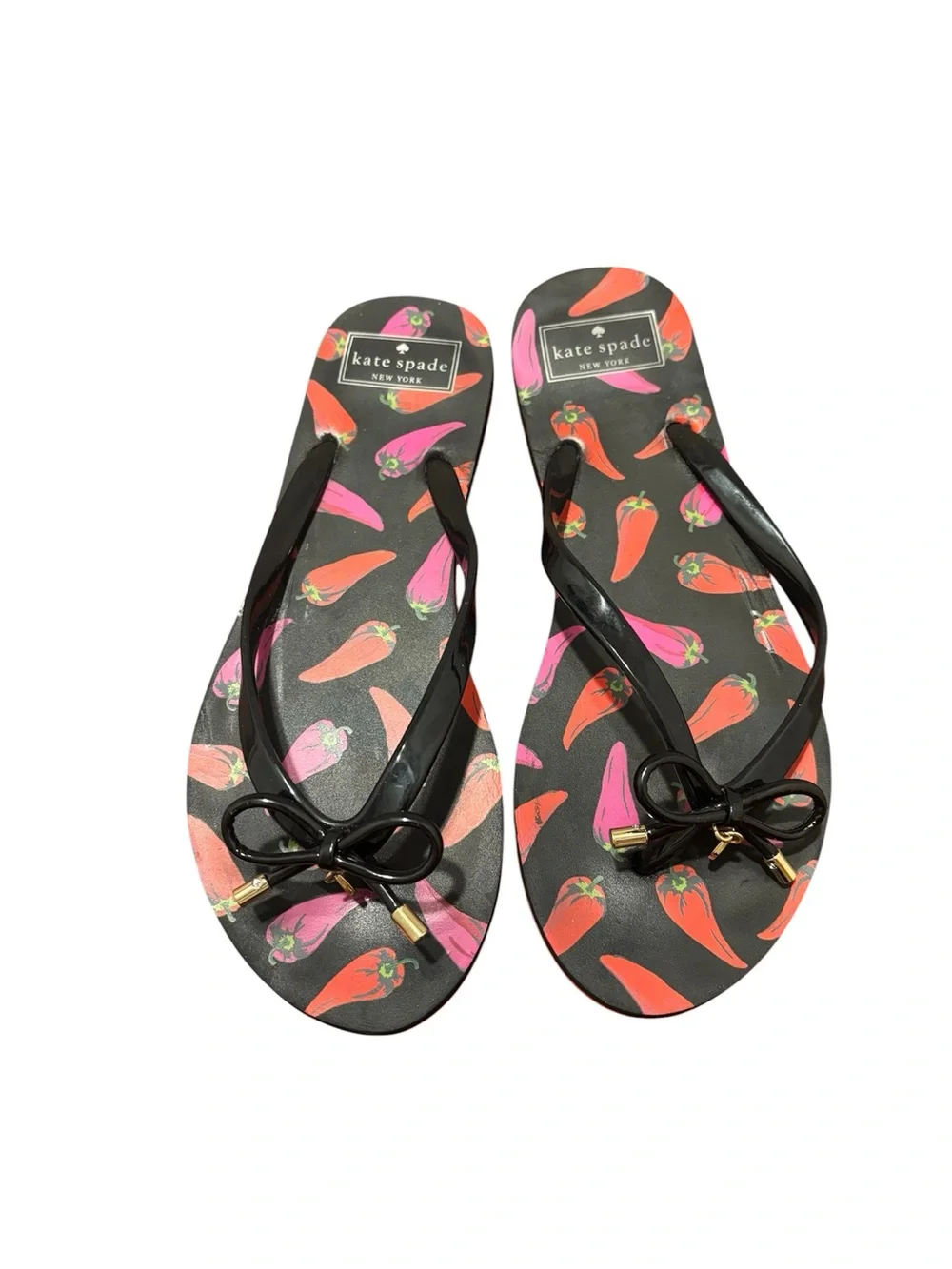 kate spade Black Flip Flop Sandals with Pink & Orange Pepper Print size 9